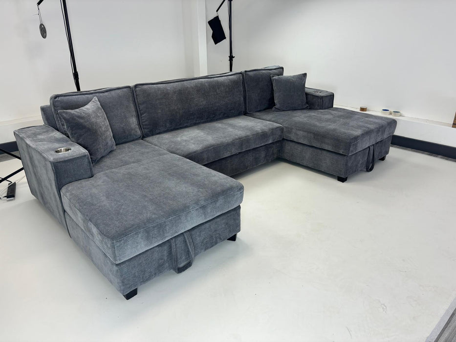 Lancaster U-Shape/Cinema Sofa Bed with Storage and Cup Holders (Available in Chenille Natural or Grey)