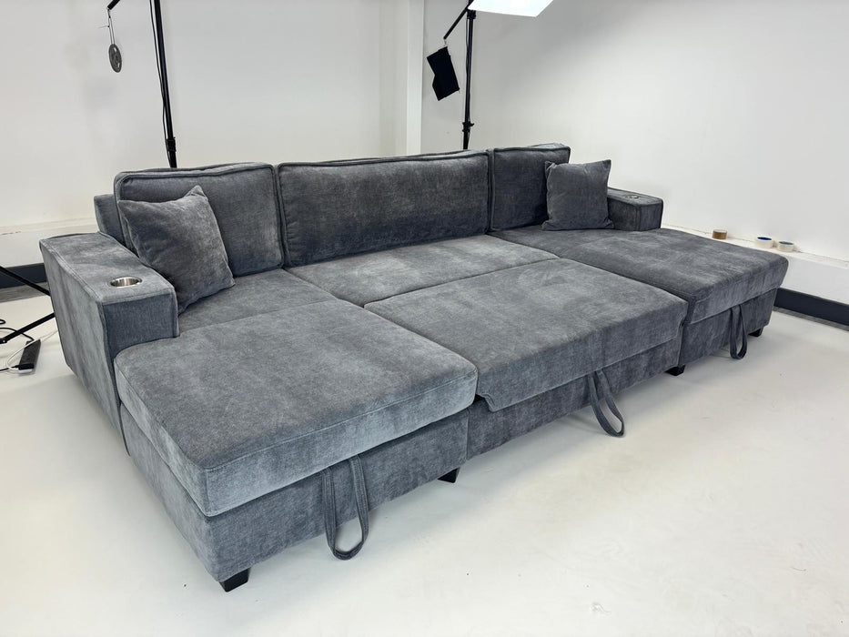 Lancaster U-Shape/Cinema Sofa Bed with Storage and Cup Holders (Available in Chenille Natural or Grey)