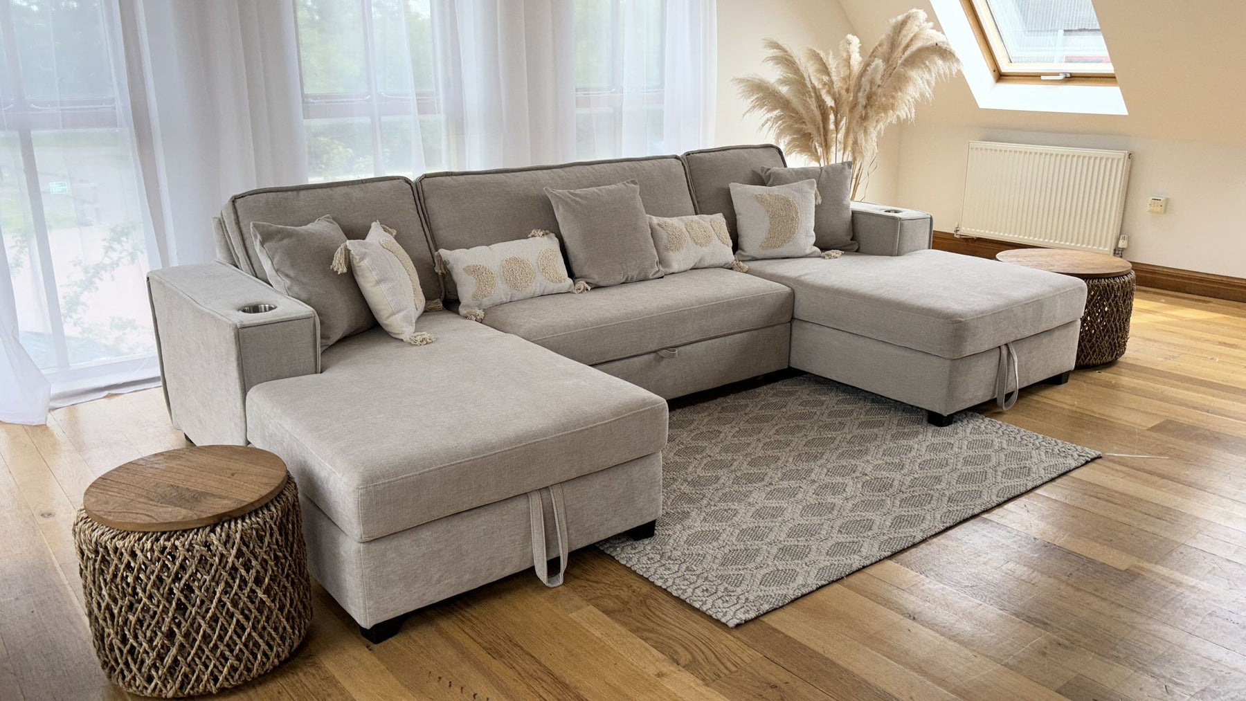 Lancaster U-Shape/Cinema Sofa Bed with Storage and Cup Holders (Available in Chenille Natural or Grey)