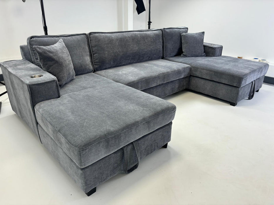 Lancaster U-Shape/Cinema Sofa Bed with Storage and Cup Holders (Available in Chenille Natural or Grey)