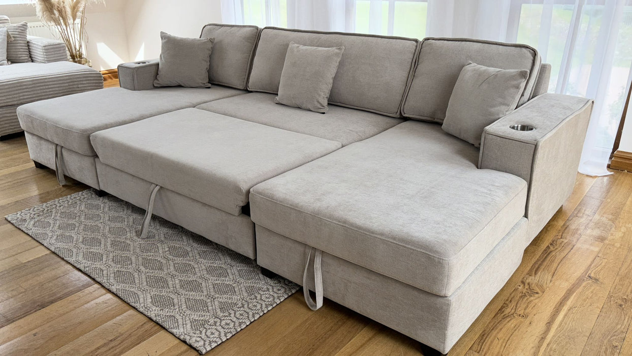 Lancaster U-Shape/Cinema Sofa Bed with Storage and Cup Holders (Available in Chenille Natural or Grey)