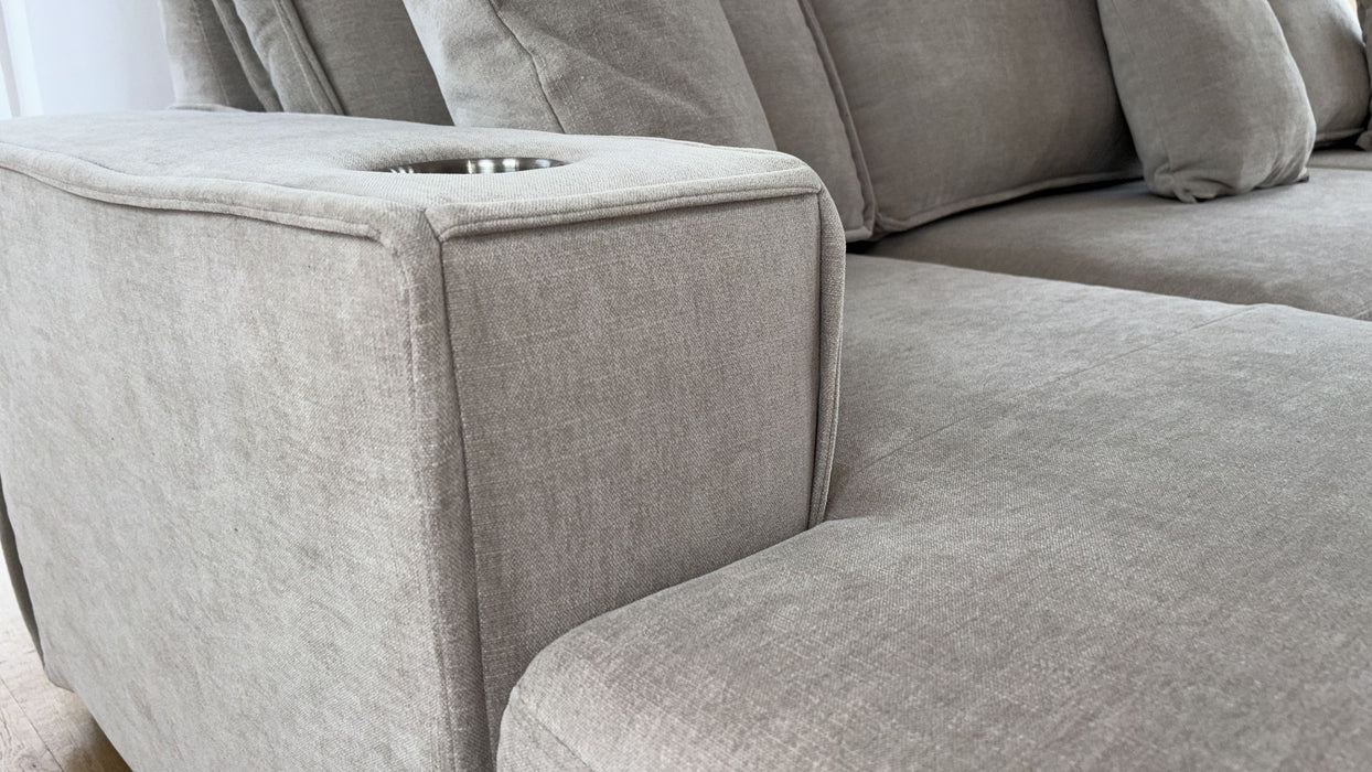 Lancaster U-Shape/Cinema Sofa Bed with Storage and Cup Holders (Available in Chenille Natural or Grey)