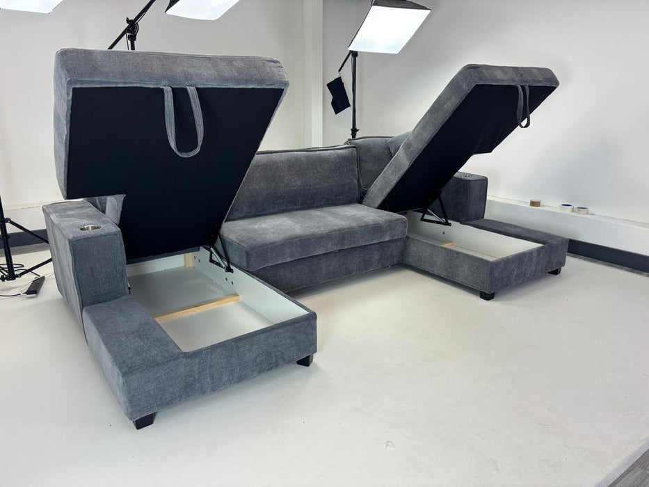 Lancaster U-Shape/Cinema Sofa Bed with Storage and Cup Holders (Available in Chenille Natural or Grey)